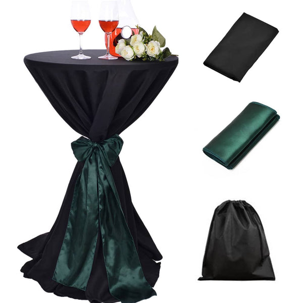 LOVWY 2 FT / 2.5 FT Black Polyester Cocktail Tablecloth + Blackish Green Sash