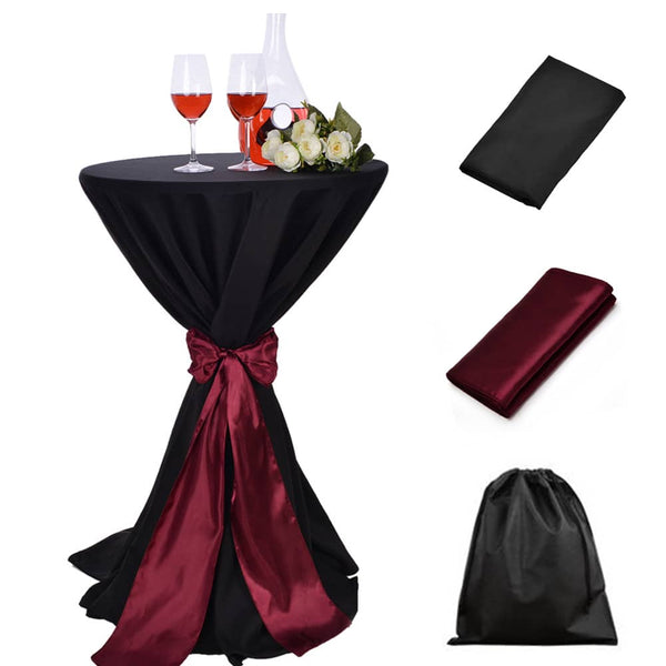 LOVWY Cocktail Table Cover LOVWY 2 FT / 2.5 FT Black Cocktail Tablecloth + Burgundy Sash