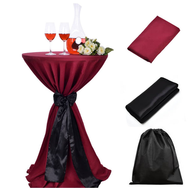 LOVWY Cocktail Table Cover LOVWY 2 FT / 2.5 FT Burgundy Cocktail Tablecloth + Black Sash