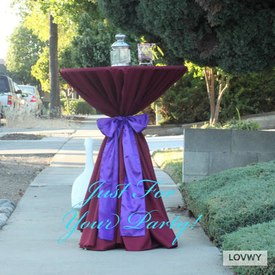 LOVWY Cocktail Table Cover LOVWY 2 FT / 2.5 FT Burgundy Cocktail Tablecloth + Purple Sash