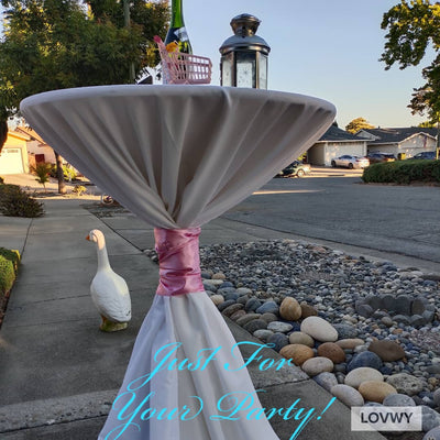 LOVWY Cocktail Table Cover LOVWY 2 FT / 2.5 FT White Cocktail Tablecloth + Pink Sash