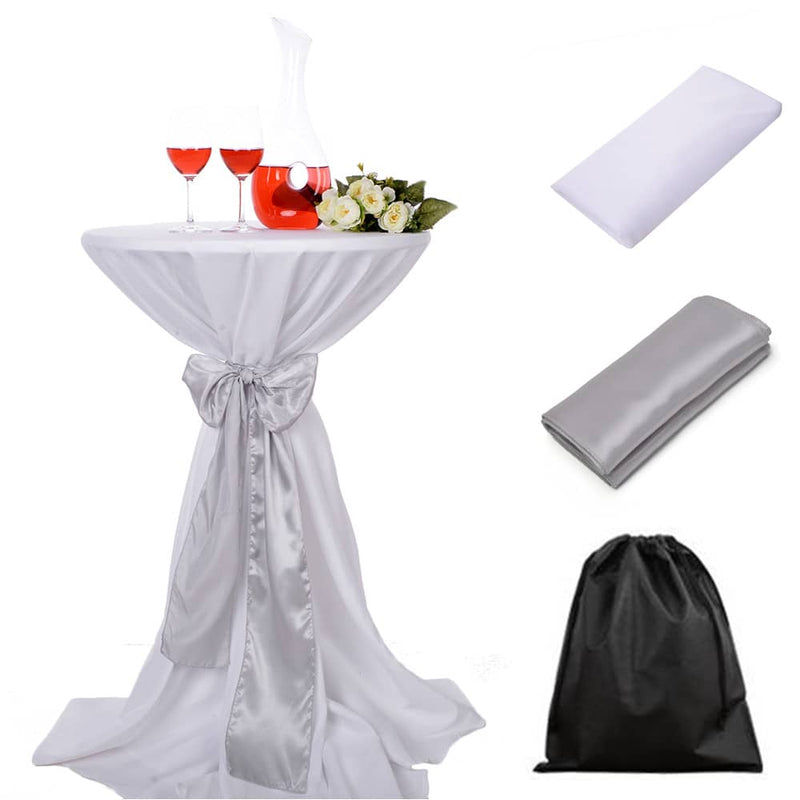 LOVWY Cocktail Table Cover LOVWY 2 FT / 2.5 FT White Cocktail Tablecloth + Silver Sash