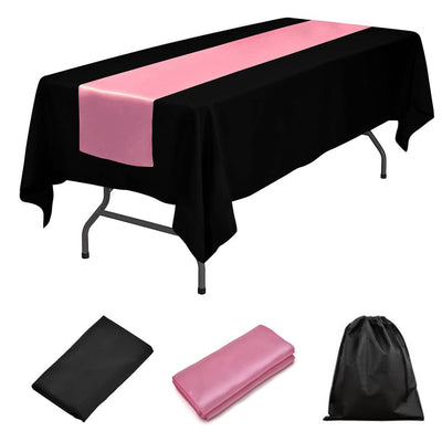 LOVWY tablecloth + runner Pink 60" x 126" Polyester Black Tablecloth + Satin Table Runner