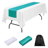 LOVWY tablecloth + runner Turquoise 60" x 126" Polyester White Tablecloth + Satin Table Runner
